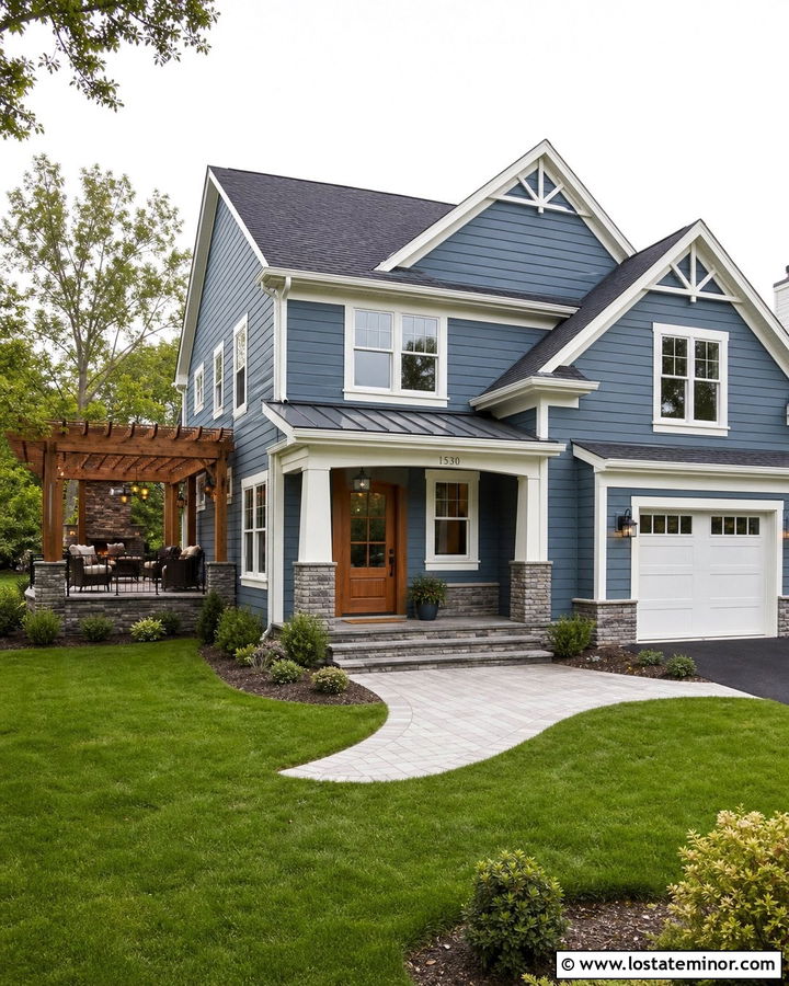 Denim Blue Two Story House With Side Pergola - 30 Denim Blue House Design With Pergola Ideas