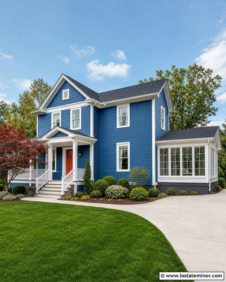 Denim Blue Two Story House With Side Sunroom - 30 Denim Blue House Design With Sunroom Ideas