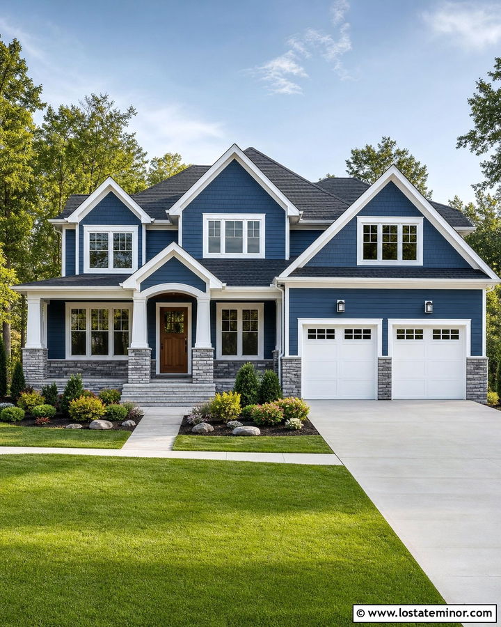 Denim Blue Two Story House With Stone Base - 30 Denim Blue House Design With Stone Accents Ideas