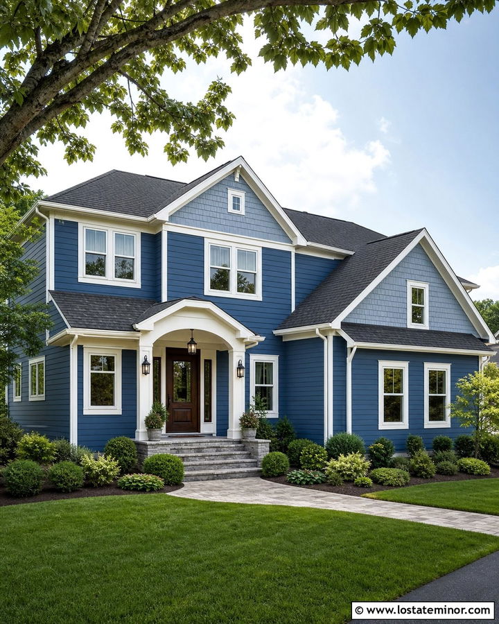 Denim Blue Two Tone House With Light Blue Shingles - 30 Denim Blue House Design With Shingles Ideas