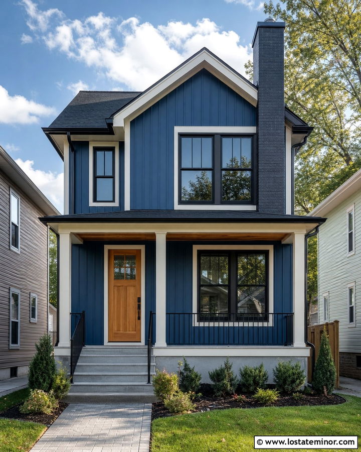 Denim Blue Urban House With Slim Brick Chimney - 30 Denim Blue House Design With Chimney Ideas