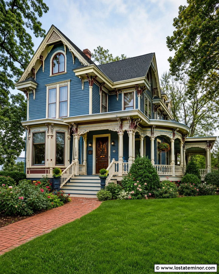 Denim Blue Victorian House With Antique Brass Lights - 30 Denim Blue House Design With Light Fixtures Ideas