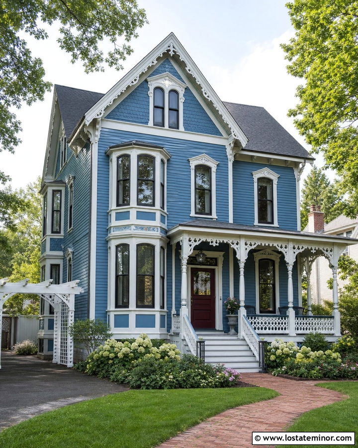 Denim Blue Victorian House With Decorative Pergola - 30 Denim Blue House Design With Pergola Ideas