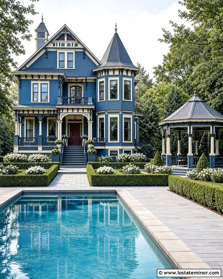 Denim Blue Victorian House With Formal Pool Garden - 30 Denim Blue House Design With Swimming Pool Ideas