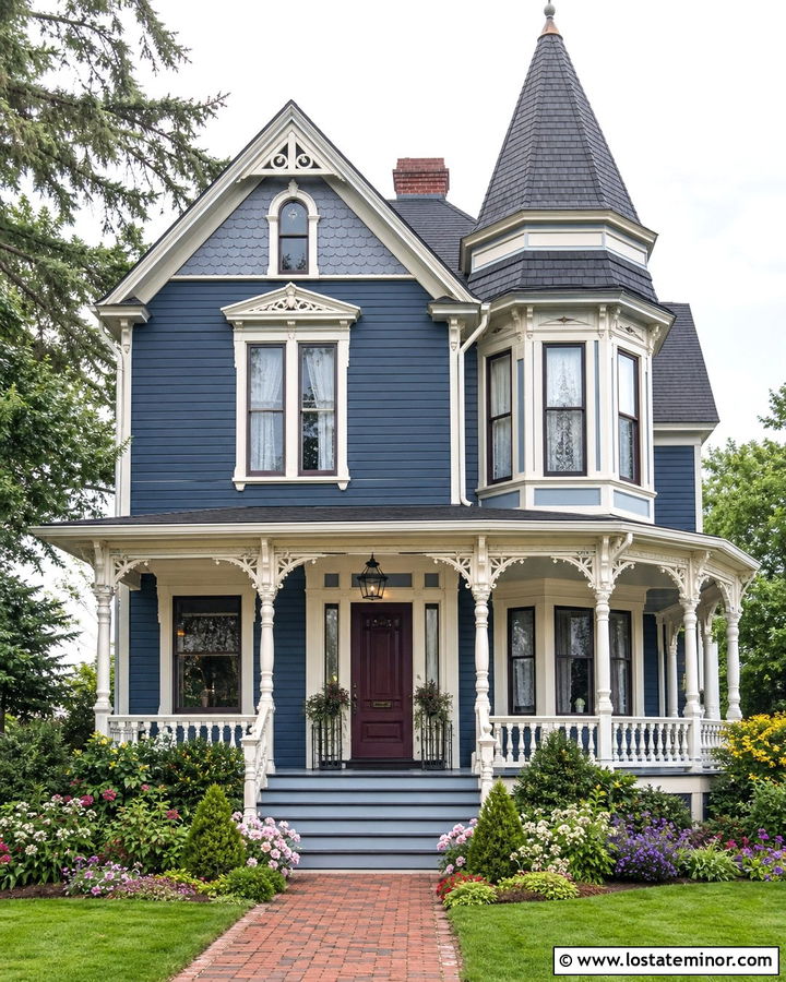 Denim Blue Victorian House With Hanging Lanterns - 30 Denim Blue House Design With Lighting Ideas