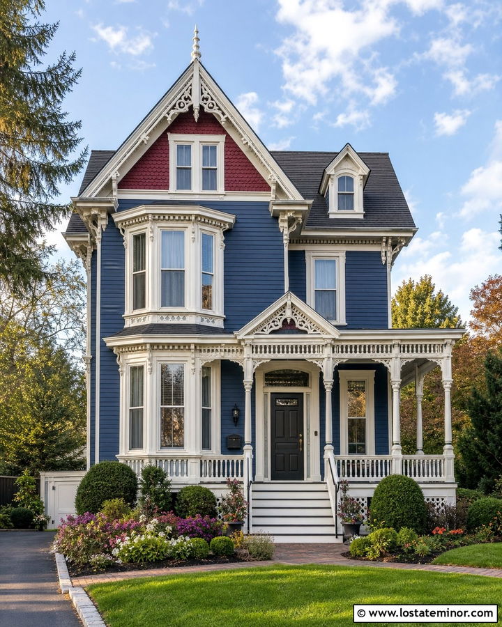 Denim Blue Victorian House With Ornate Black Mailbox - 30 Denim Blue House Design With Mailbox Ideas