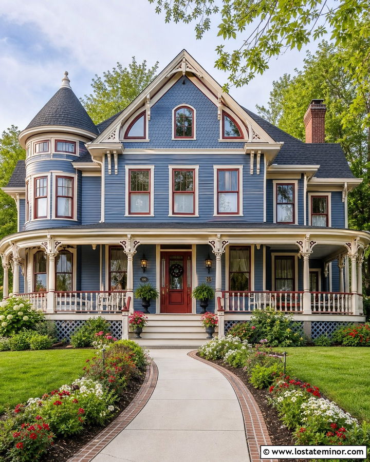 Denim Blue Victorian House With Red Window Frames - 30 Denim Blue House Design With Window Frames Ideas
