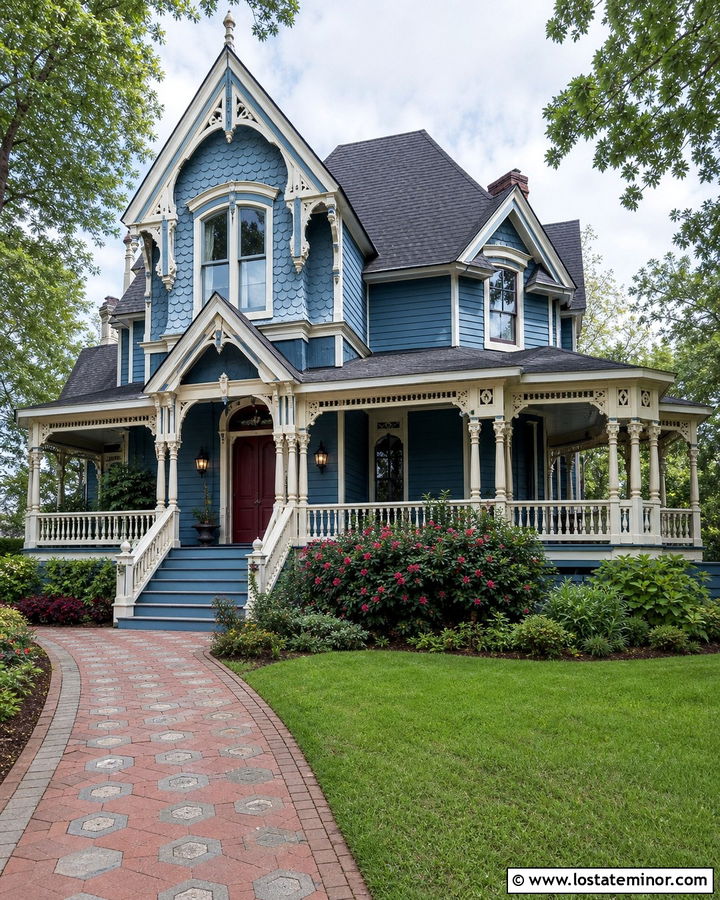 Denim Blue Victorian House With Scalloped Shingles - 30 Denim Blue House Design With Shingles Ideas