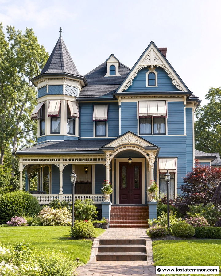 Denim Blue Victorian House With Window Awnings - 30 Denim Blue House Design With Awning Ideas