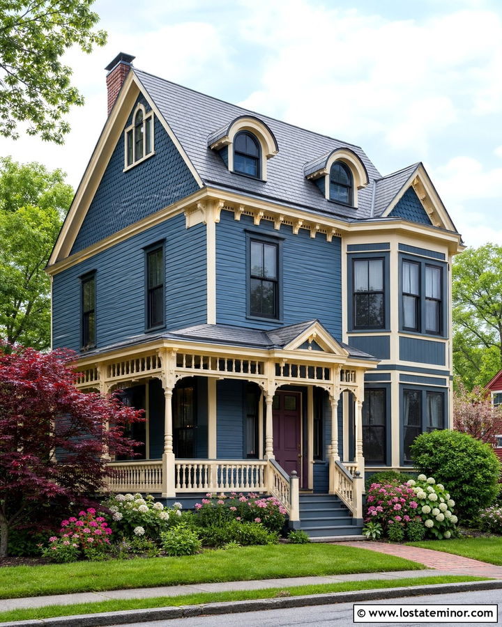 Denim Blue Victorian With Arched Dormers - 30 Denim Blue House Design With Dormers Ideas