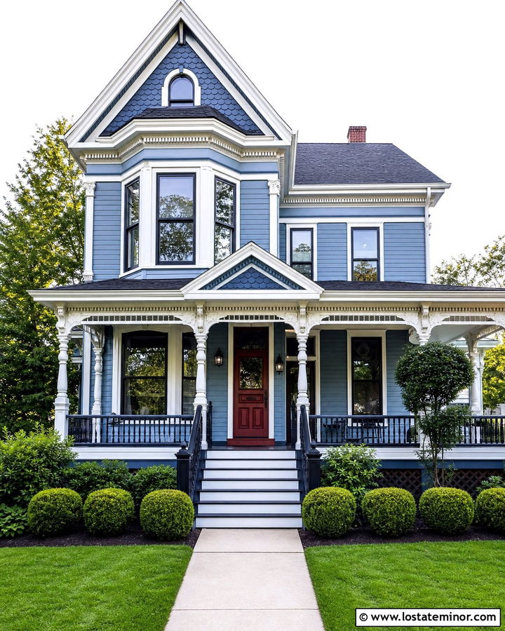 Denim Blue Victorian With Black Steps - 30 Denim Blue House Design With Steps Ideas