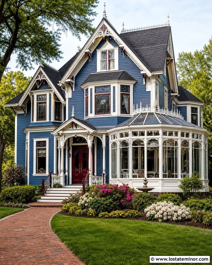 Denim Blue Victorian With Conservatory Sunroom - 30 Denim Blue House Design With Sunroom Ideas