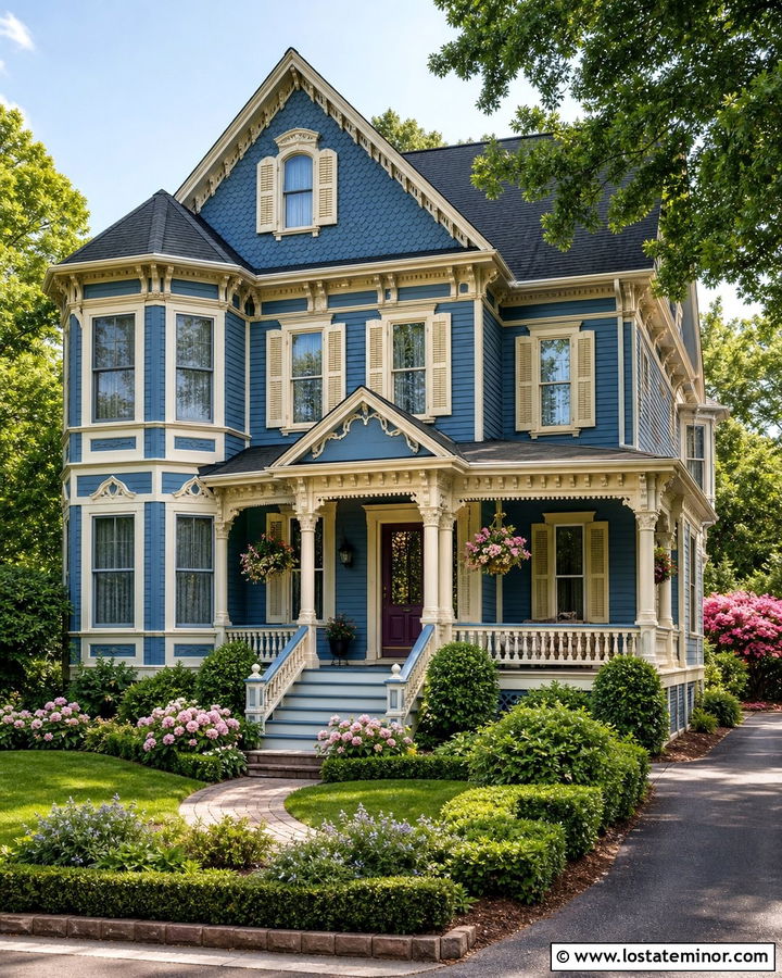 Denim Blue Victorian With Cream Shutters - 30 Denim Blue House Design With Shutters Ideas