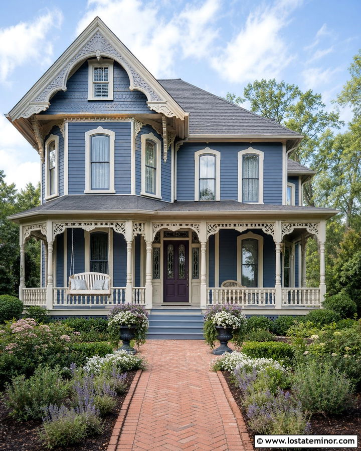Denim Blue Victorian With Cream Swing - 30 Denim Blue House Design With Swing Ideas
