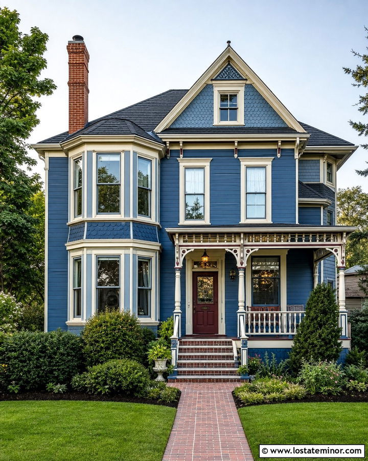 Denim Blue Victorian With Decorative Brick Chimney - 30 Denim Blue House Design With Chimney Ideas
