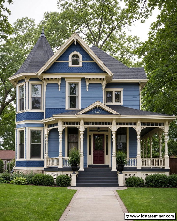 Denim Blue Victorian With Detailed Front Porch - 30 Denim Blue House Design With Front Porch Ideas