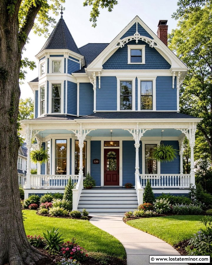 Denim Blue Victorian With Pale Blue Porch Ceiling - 30 Denim Blue House Design With Porch Ceiling Ideas