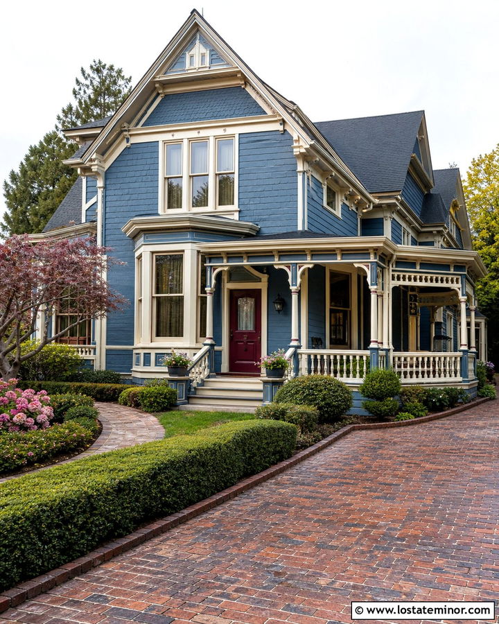 Denim Blue Victorian With Red Brick Driveway - 30 Denim Blue House Design With Driveway Ideas