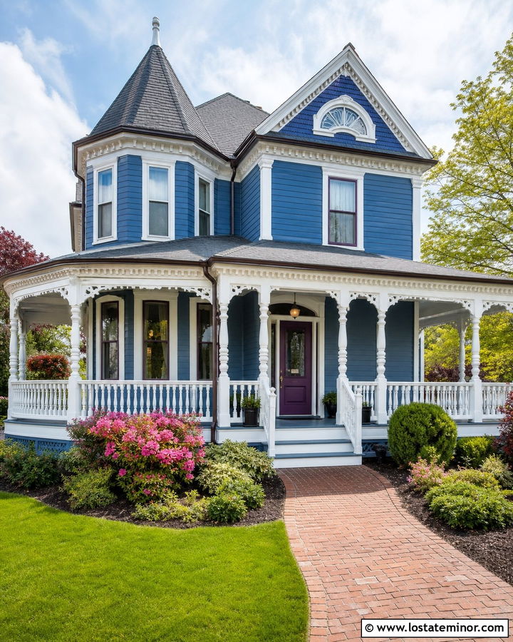 Denim Blue Victorian With Turned Porch Columns - 30 Denim Blue House Design With Porch Columns Ideas