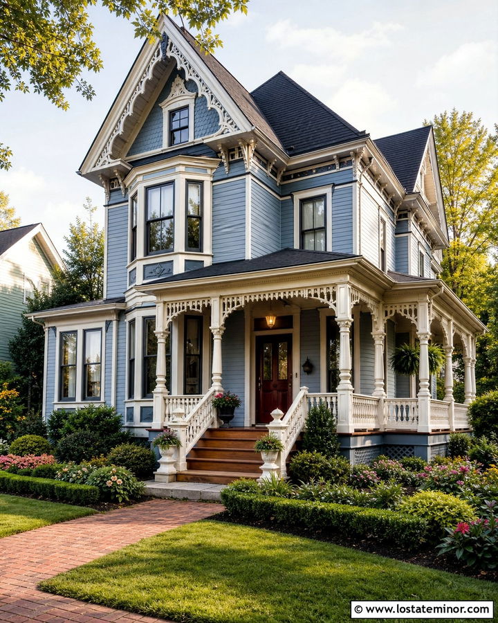 Denim Blue Victorian With Turned Railings - 30 Denim Blue House Design With Railings Ideas