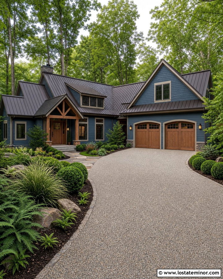 Denim Blue Woodland House With Resin Bound Driveway - 30 Denim Blue House Design With Driveway Ideas