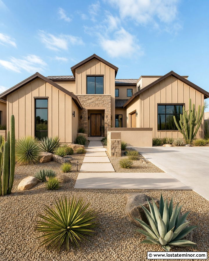 Desert Beige Board And Batten With Xeriscaping - 30 Beige House Design With Board and Batten Ideas