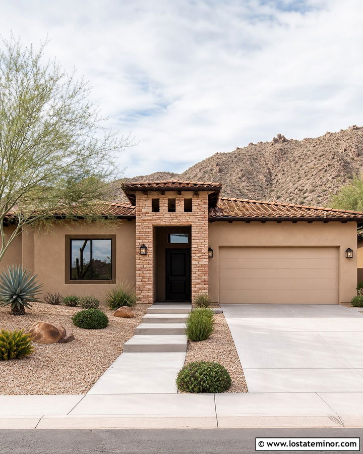 Desert Beige Stucco With Sandstone Garage Door - 30 Beige House Design With Garage Door Ideas