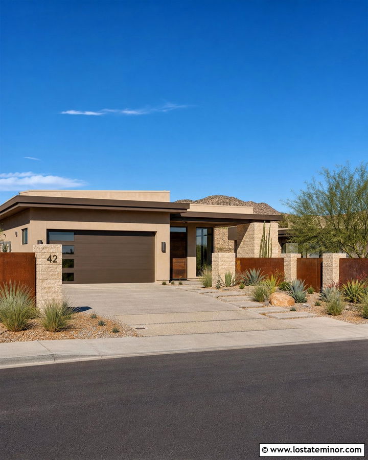 Desert Stone House With Corten Steel Fence - 30 Stone House Design With Fence Ideas