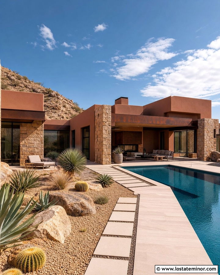Desert Stone House With Pool And Cactus Garden - 30 Stone House Design With Swimming Pool Ideas