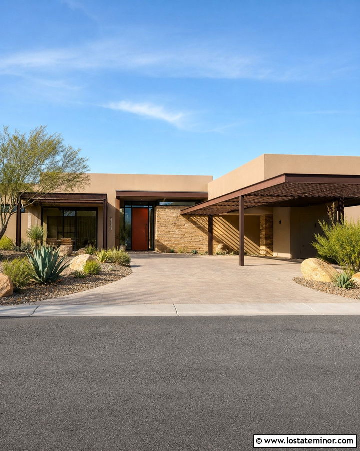 Desert Stone House With Slatted Carport - 30 Stone House Design With Carport Ideas