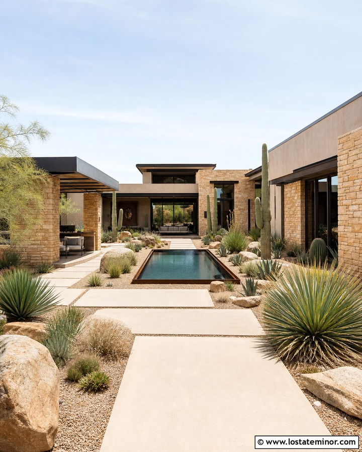 Desert Stone House With Xeriscape Backyard - 30 Stone House Design With Backyard Ideas