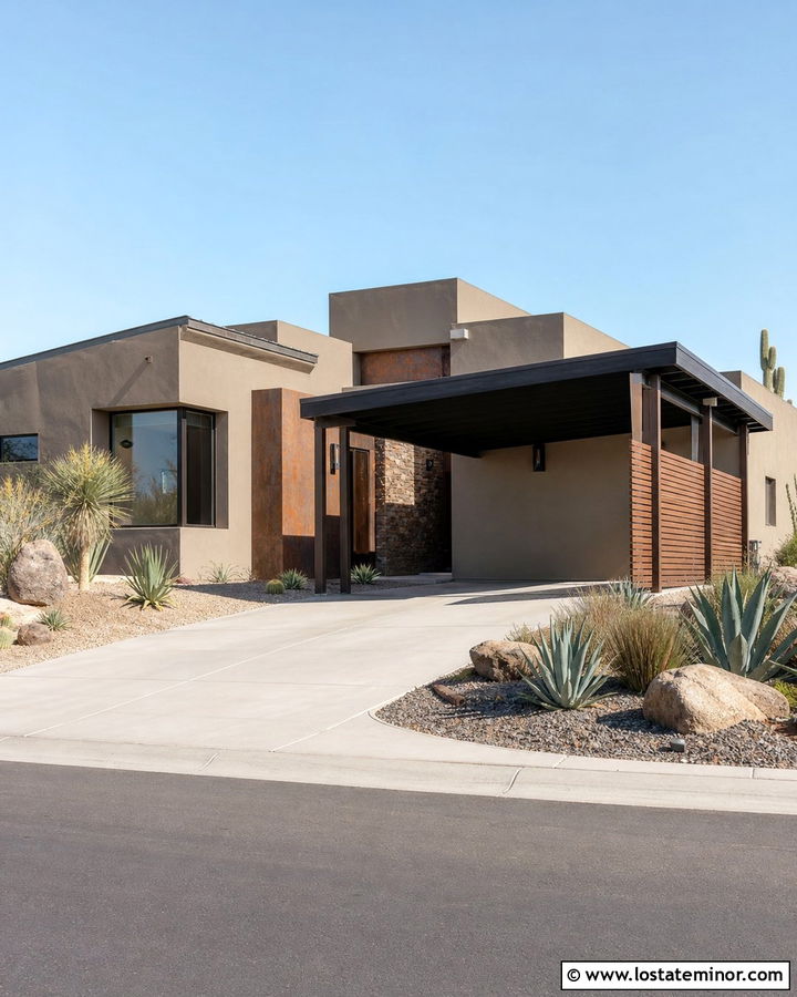 Desert Taupe House With Steel Carport - 30 Taupe House Design With Carport Ideas