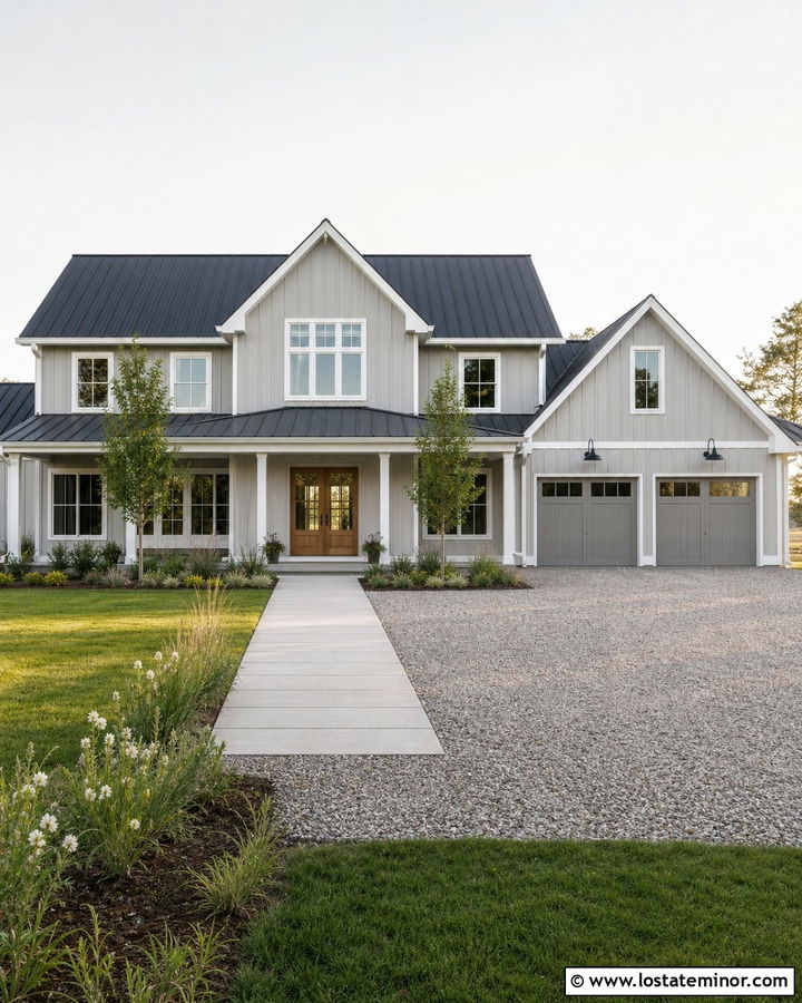 Dove Grey Barn House With White Window Frames - 30 Dove Grey House Design With Window Frames Ideas
