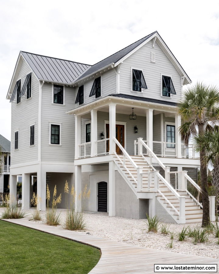 Dove Grey Beach House With Black Bahama Shutters - 30 Dove Grey House Design With Shutters Ideas
