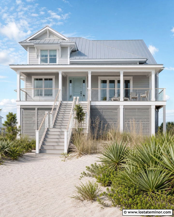 Dove Grey Beach House With Stainless Cable Railings - 30 Dove Grey House Design With Railings Ideas
