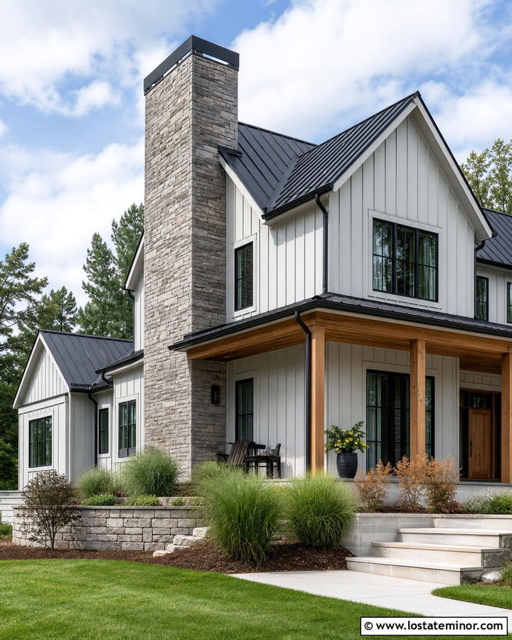Dove Grey Board And Batten House With Stone Chimney - 30 Dove Grey House Design With Chimney Ideas
