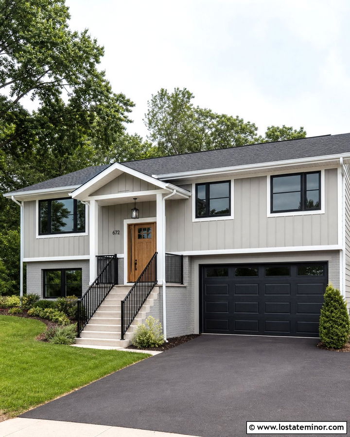 Dove Grey Board And Batten With A Black Garage Door - 30 Dove Grey House Design With Board and Batten Ideas