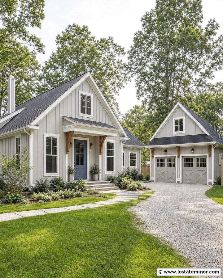 Dove Grey Board And Batten With A Matching Garage - 30 Dove Grey House Design With Board and Batten Ideas