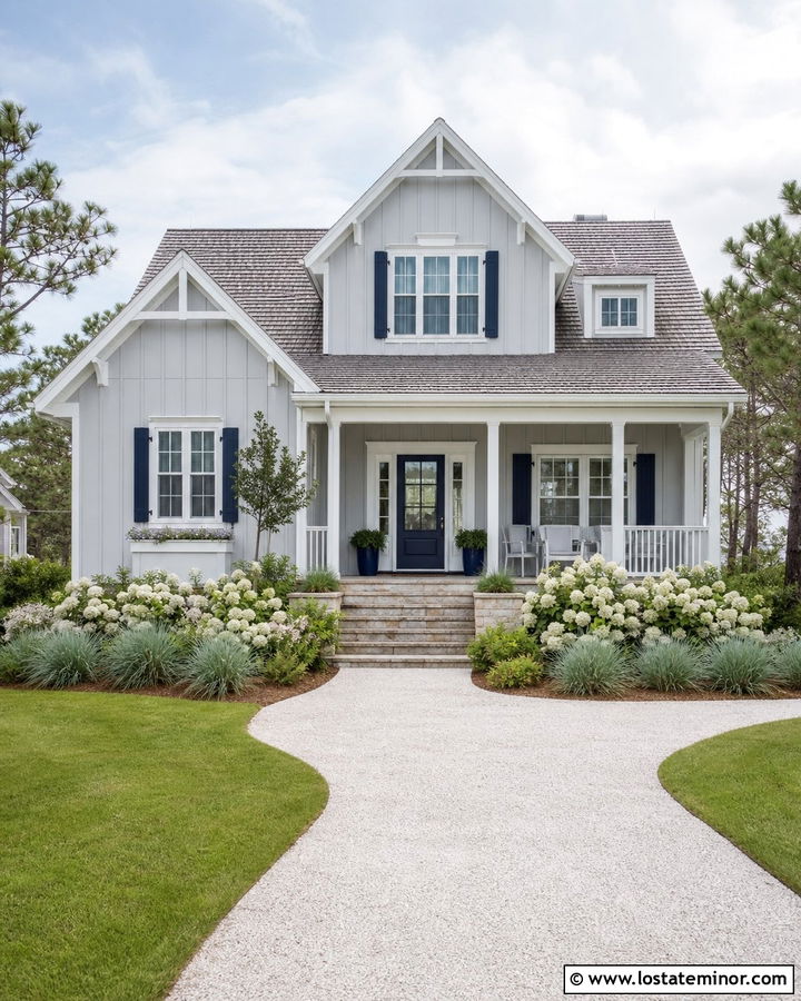Dove Grey Board And Batten With A Navy Door - 30 Dove Grey House Design With Board and Batten Ideas
