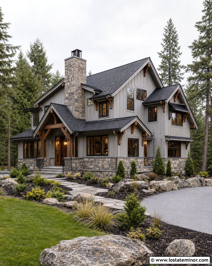 Dove Grey Board And Batten With A Stone Chimney - 30 Dove Grey House Design With Board and Batten Ideas