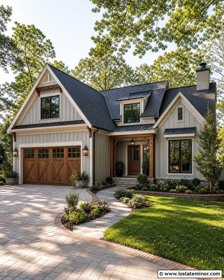 Dove Grey Board And Batten With A Wood Garage Door - 30 Dove Grey House Design With Board and Batten Ideas
