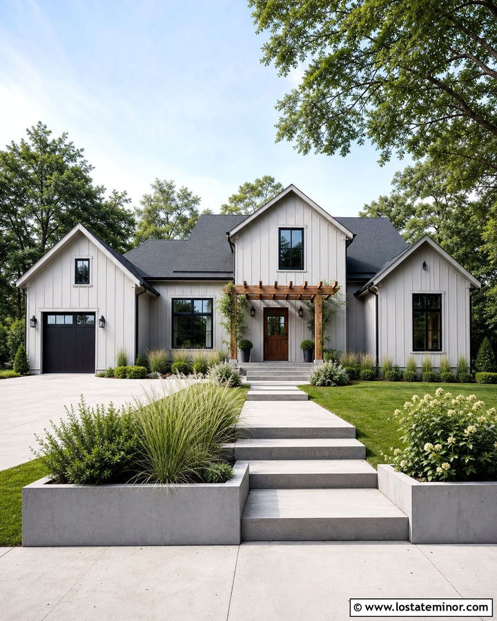 Dove Grey Board And Batten With A Wood Pergola - 30 Dove Grey House Design With Board and Batten Ideas