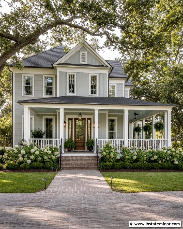 Dove Grey Board And Batten With A Wraparound Porch - 30 Dove Grey House Design With Board and Batten Ideas