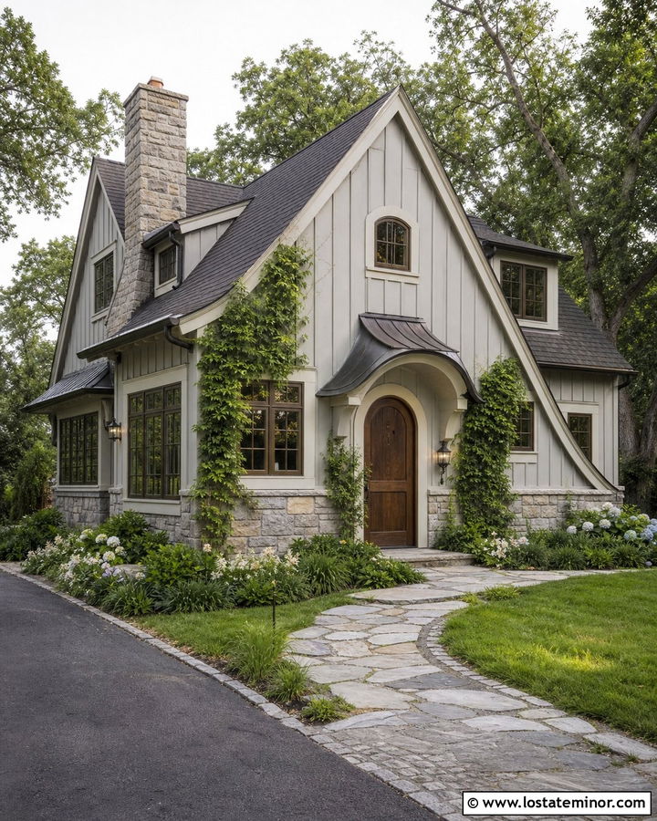 Dove Grey Board And Batten With An Arched Wood Door - 30 Dove Grey House Design With Board and Batten Ideas