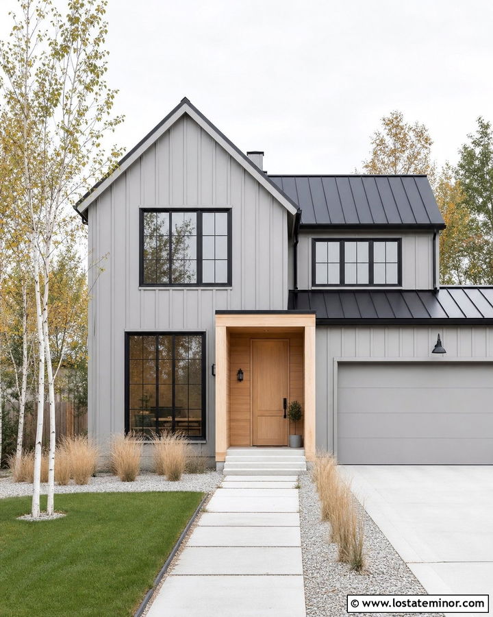 Dove Grey Board And Batten With Black Window Grids - 30 Dove Grey House Design With Board and Batten Ideas