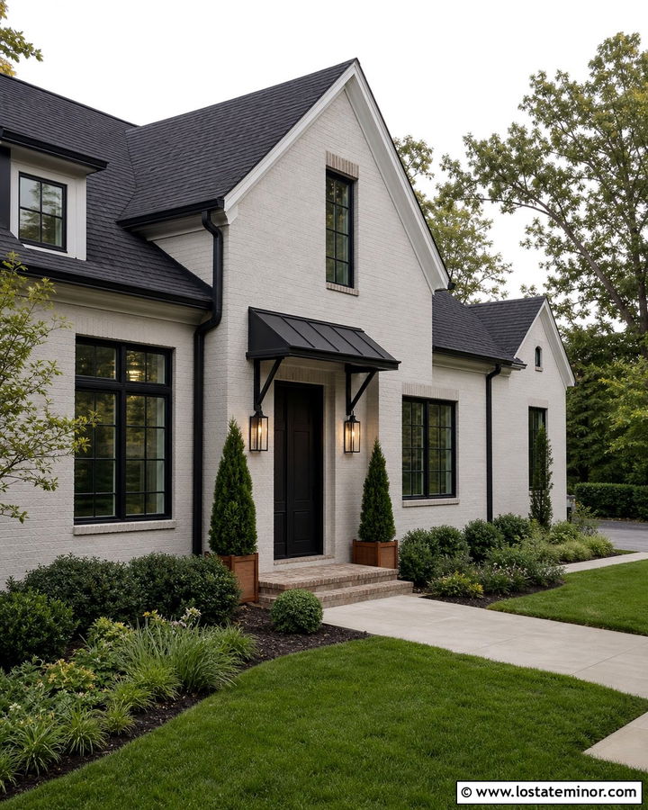 Dove Grey Brick House With Black Door Awning - 30 Dove Grey House Design With Awning Ideas