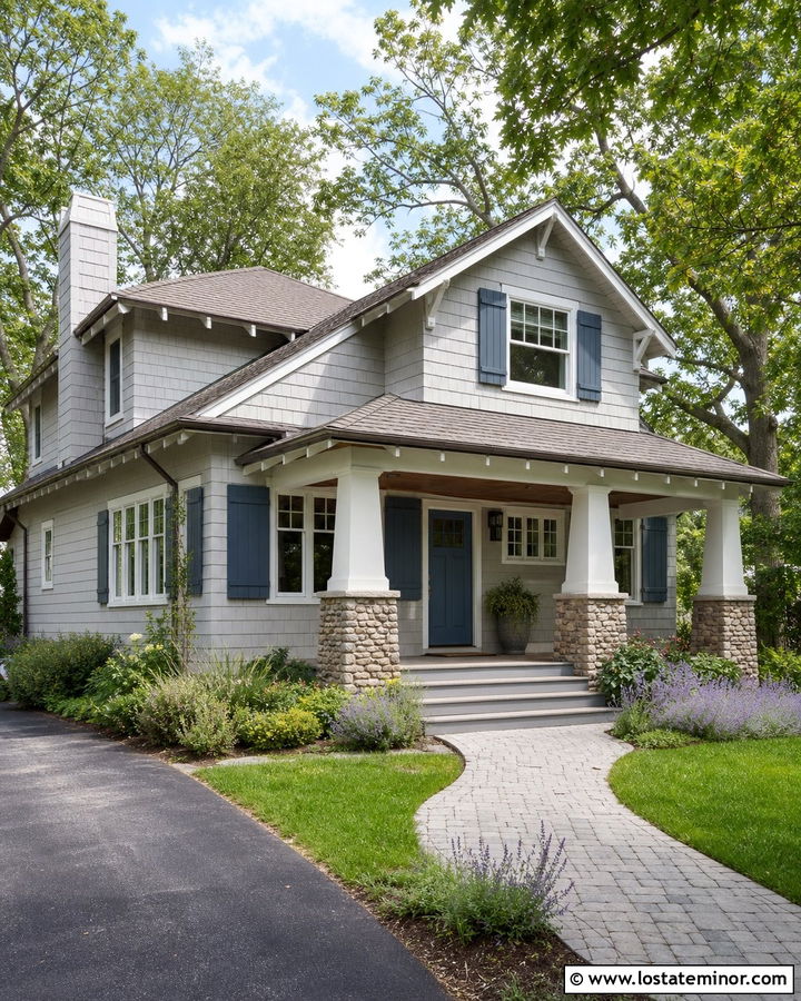 Dove Grey Bungalow With Blue Grey Shutters - 30 Dove Grey House Design With Shutters Ideas