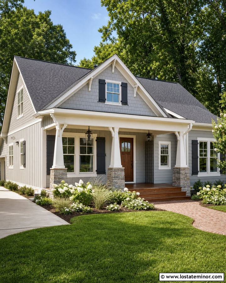 Dove Grey Bungalow With Board And Batten Shutters - 30 Dove Grey House Design With Shutters Ideas