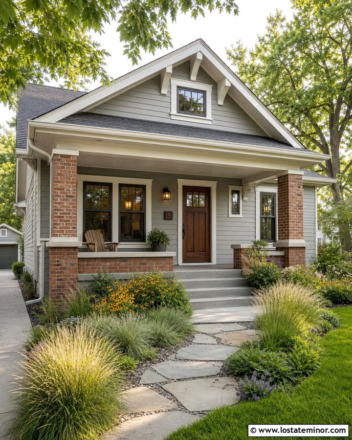 Dove Grey Bungalow With Brick Porch Columns - 30 Dove Grey House Design With Porch Columns Ideas