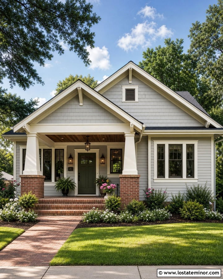 Dove Grey Bungalow With Brick Porch - 30 Dove Grey House Design With Brick Accents Ideas